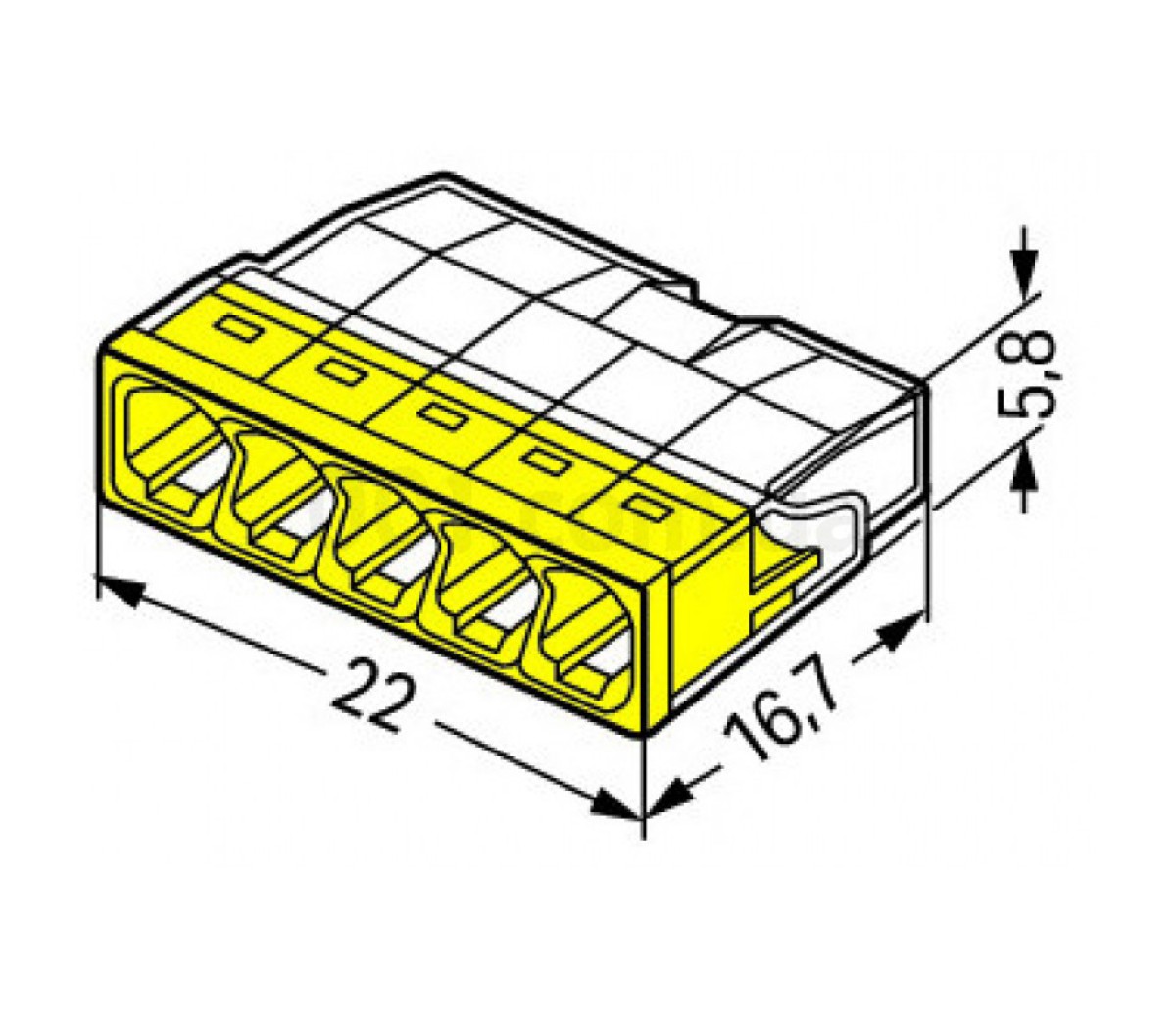 Клема COMPACT PUSH WIRE 5-провідна 0,5-2,5 мм² прозора/жовта без пасти, WAGO (Німеччина) 98_85.jpg - фото 2