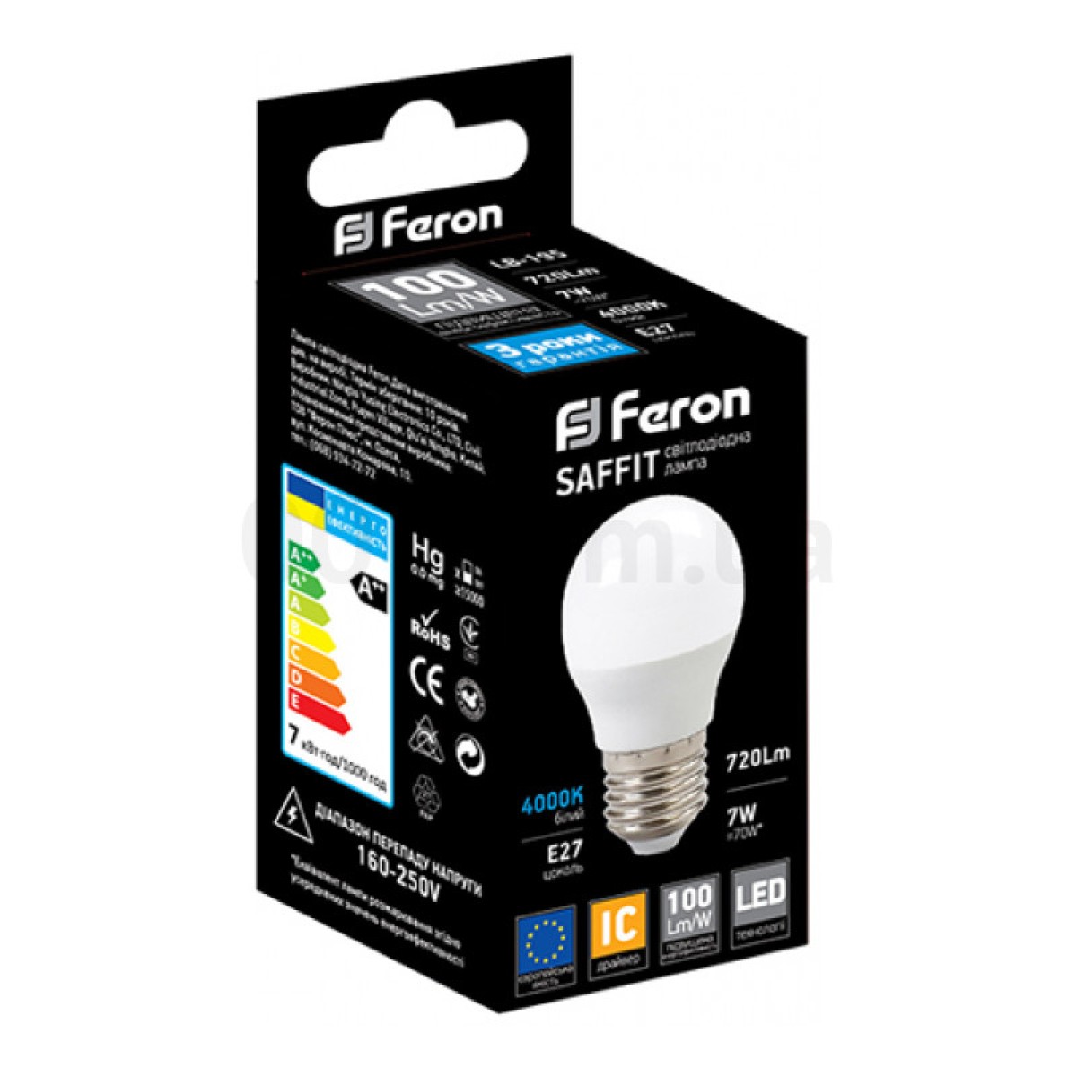 Светодиодная лампа LB-195 G45 (шар) 7Вт 4000K E27, Feron 98_98.jpg - фото 2