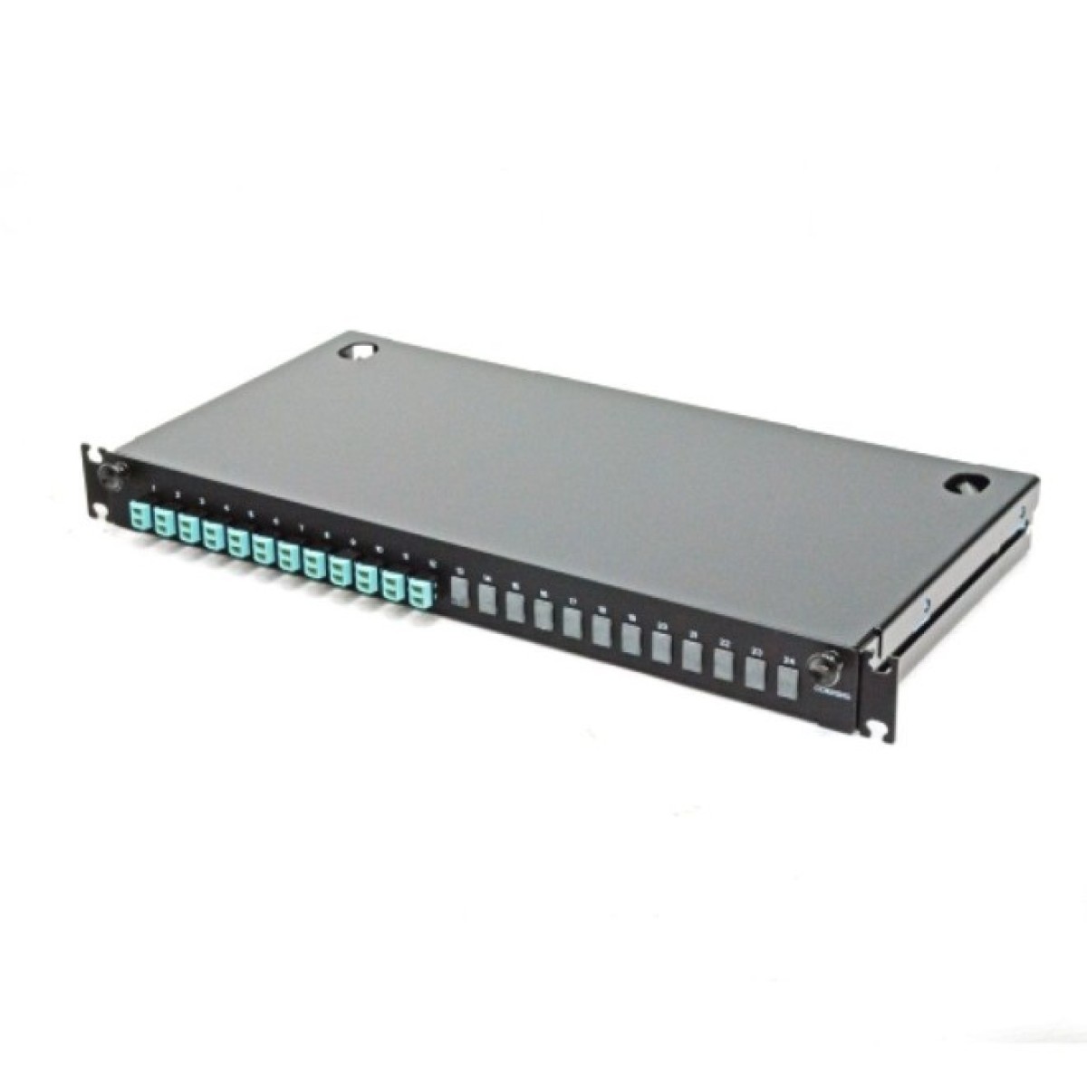 ВО патч-панель LAN1 с 12xLC Duplex адапт., 24 пигтейл., сплайс-кассетами, MM, OM3/OM4, 1U, выдвижная, черная, Corning 98_98.jpg - фото 1