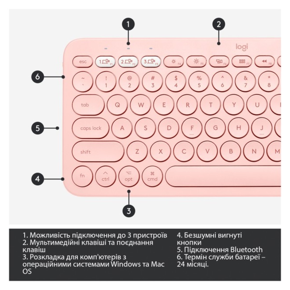 Клавіатура Logitech K380 for MAC Multi-Device Bluetooth UA Rose (920-010406) 98_98.jpg - фото 7