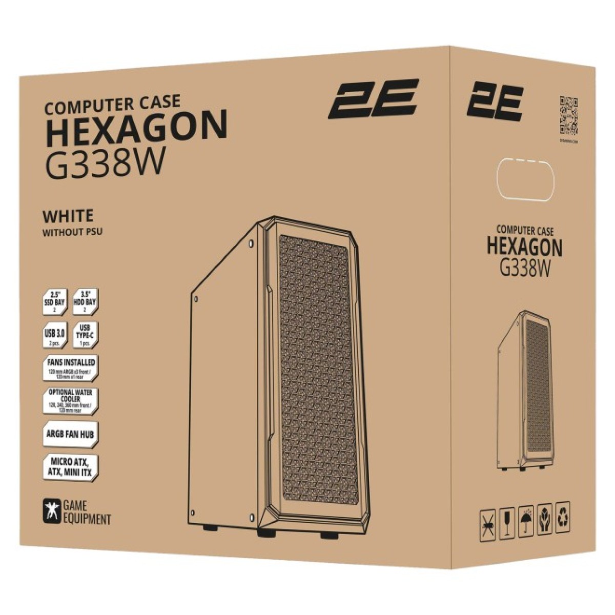 Корпус 2E Gaming Hexagon G338W, без БЖ, 2xUSB 3.0, 1xUSB Type-C, 1x120mm, 3x120mm ARGB, TG Side Panel, AT (2E-G338W) 98_98.jpg - фото 5