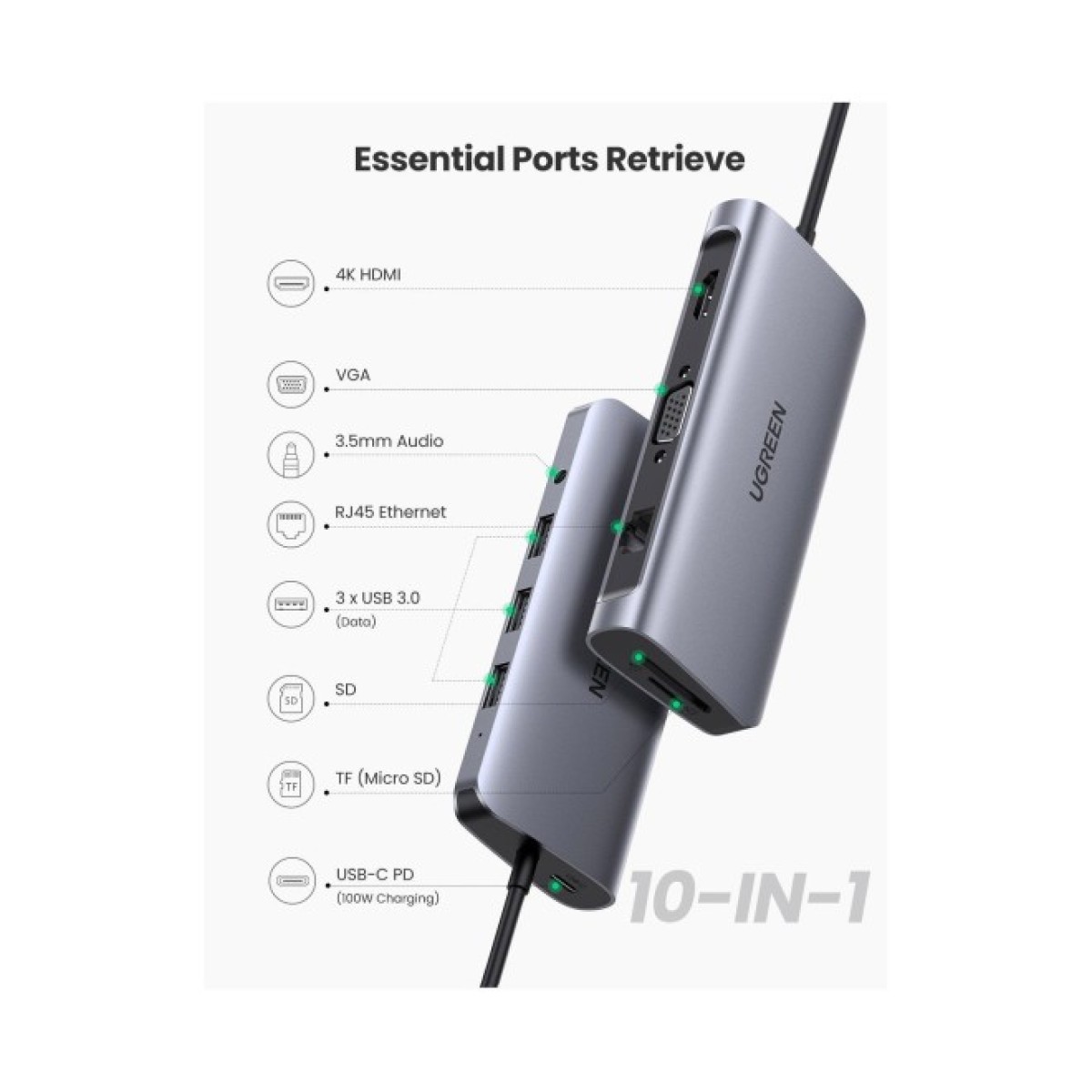 Концентратор Ugreen USB3.0 Type-C to USB 3.0x3/HDMI/VGA/TRS/RJ45/SDTF/PD CM179 space gray (80133) 98_98.jpg - фото 5