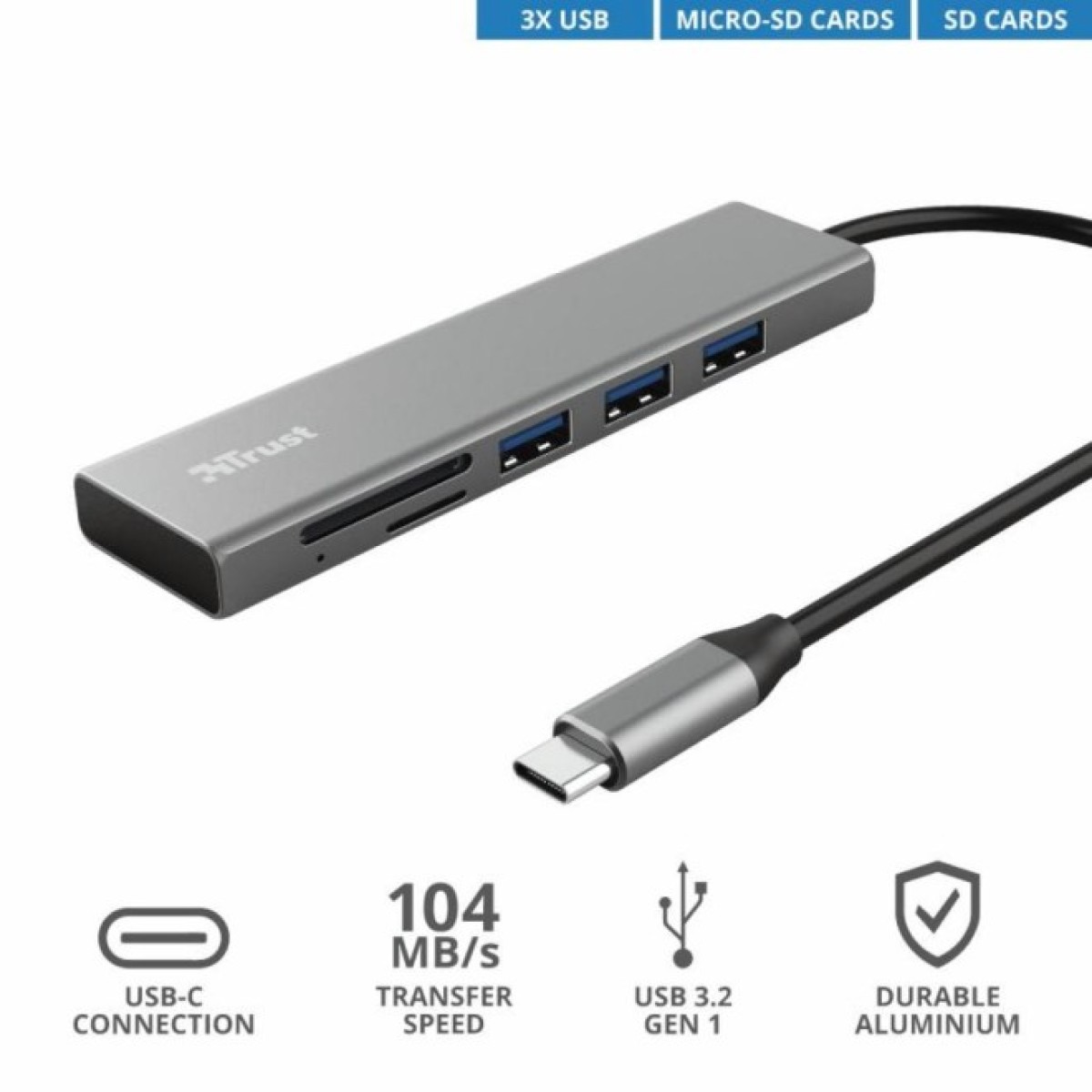 Концентратор Trust HALYX FAST 3USB+CARD READER USB-C ALUMINIUM (24191_TRUST) 98_98.jpg - фото 3