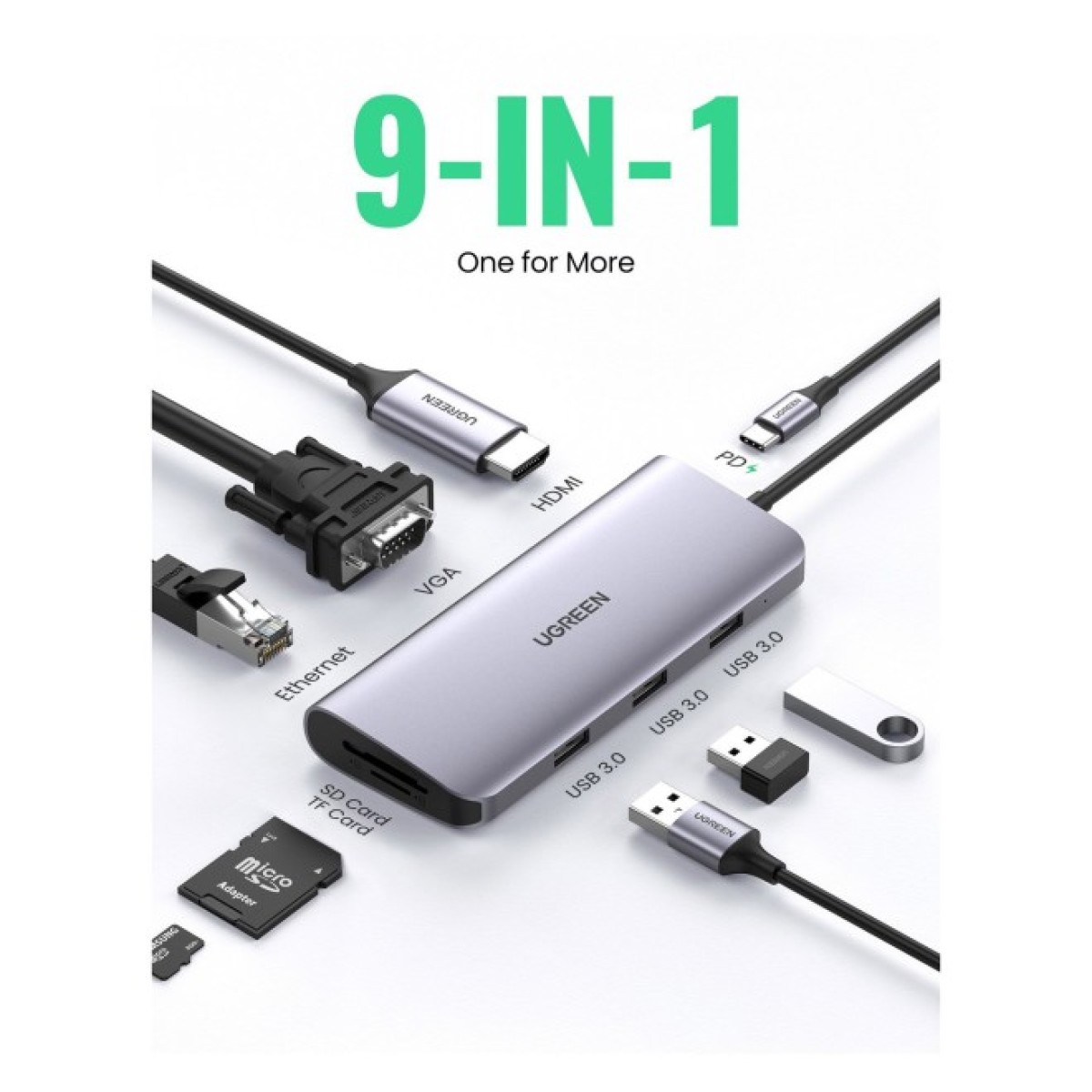 Концентратор Ugreen USB3.0 Type-C to USB 3.0x3/HDMI/VGA/RJ45/SDTF/PD CM179 gray (40873) 98_98.jpg - фото 6