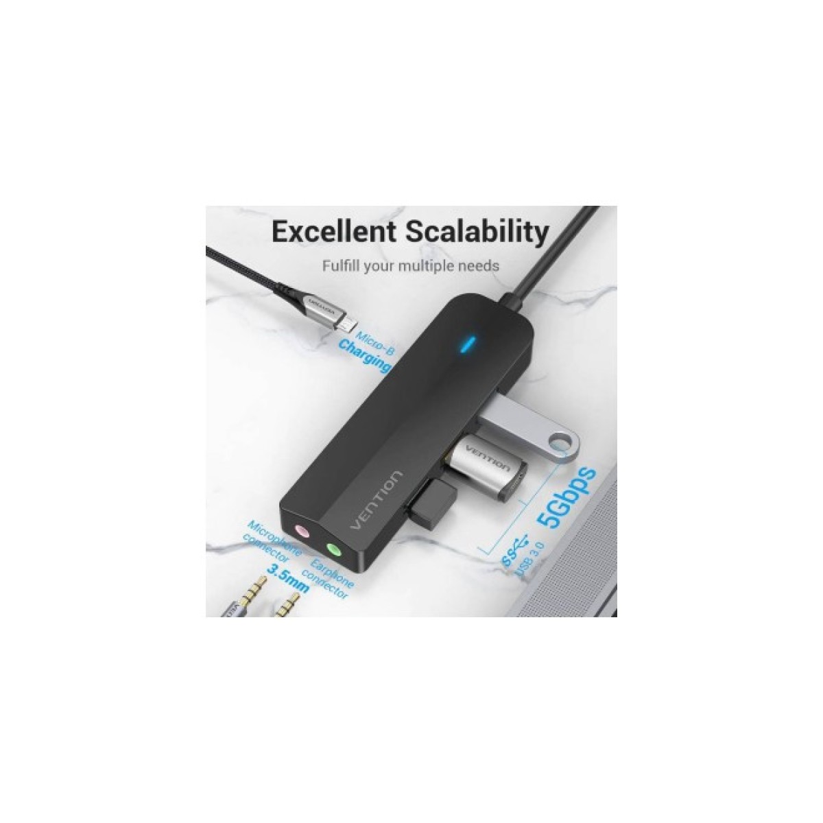 Концентратор Vention USB 3.1 Type-C to 3xUSB 3.0+MicroUSB+3.5mm Sound Adapter black (TGQBB) 98_98.jpg - фото 3