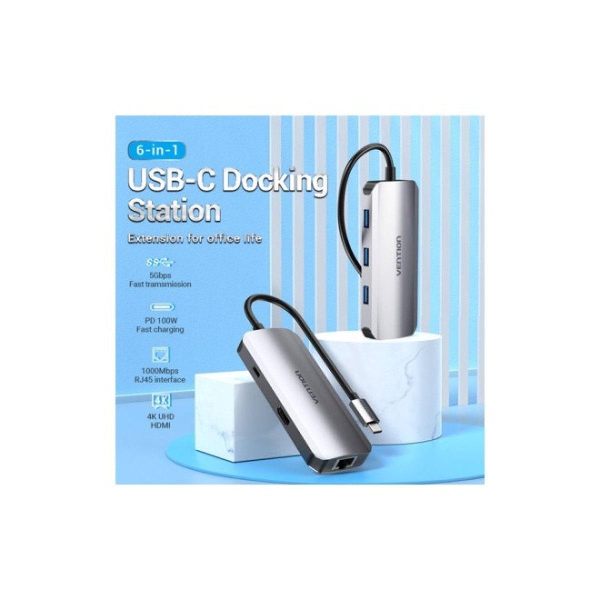 Концентратор Vention USB3.1 Type-C --> HDMI/USB 3.0x3/RJ45/PD 100W Hub 6-in-1 (TOHHB) 98_98.jpg - фото 6