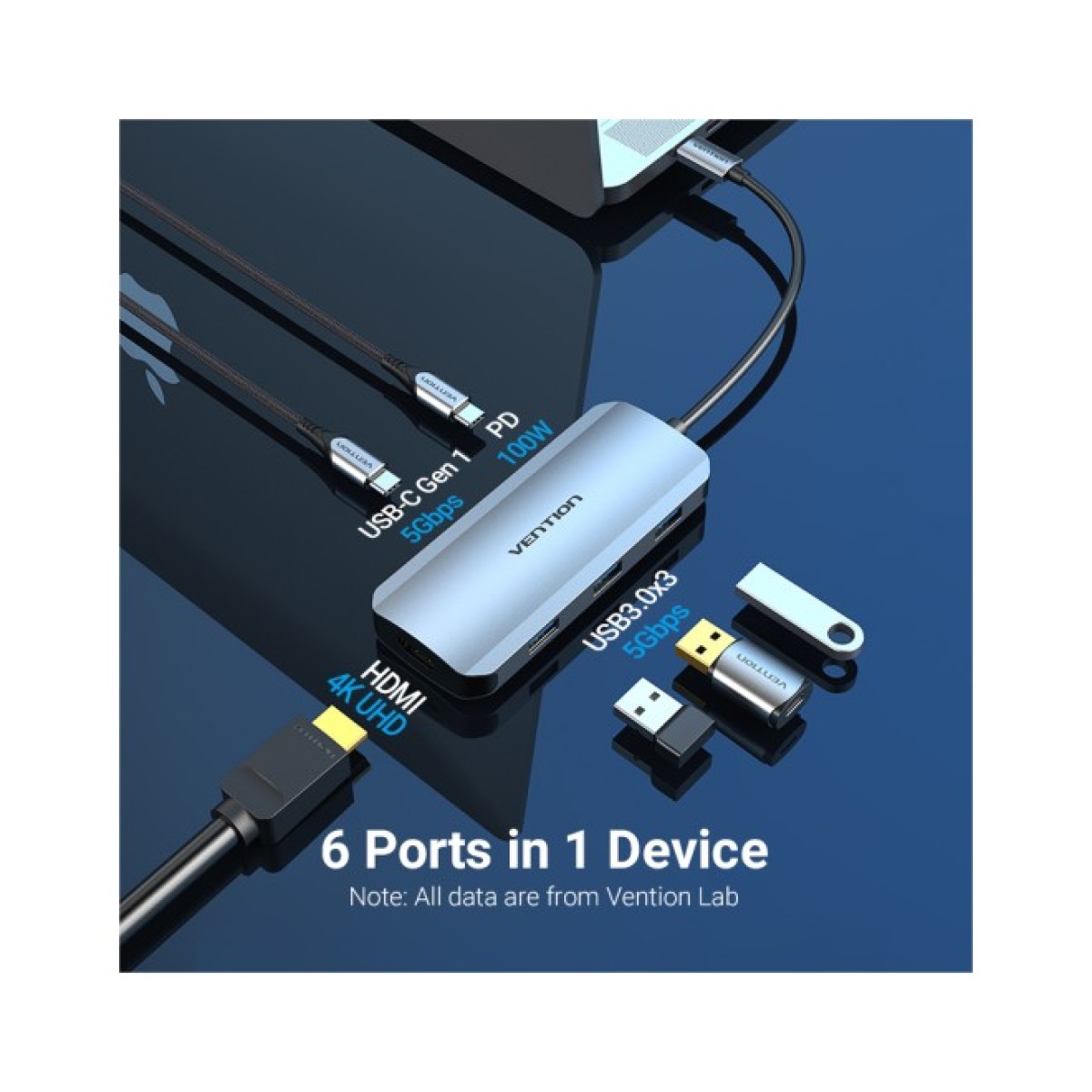 Концентратор Vention USB3.1 Type-C --> HDMI/USB-C Gen 1/USB 3.0x3/PD 100W Hub 6-i (TOFHB) 98_98.jpg - фото 8