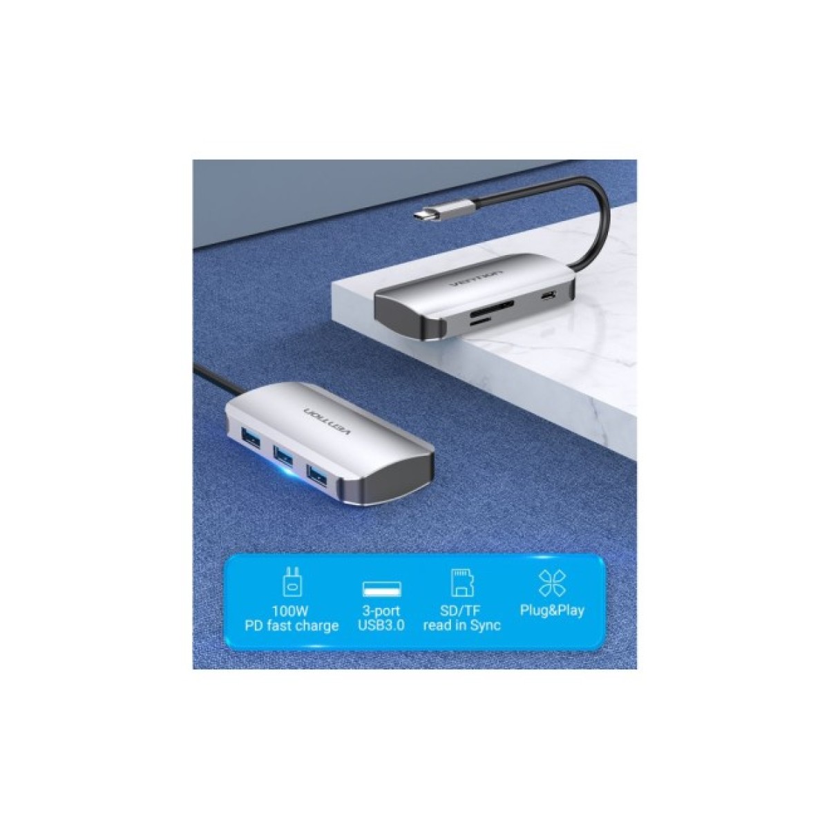 Концентратор Vention USB3.1 Type-C --> USB 3.0x3/SD/TF/PD 100W Hub 6-in-1 (TNHHB) 98_98.jpg - фото 2