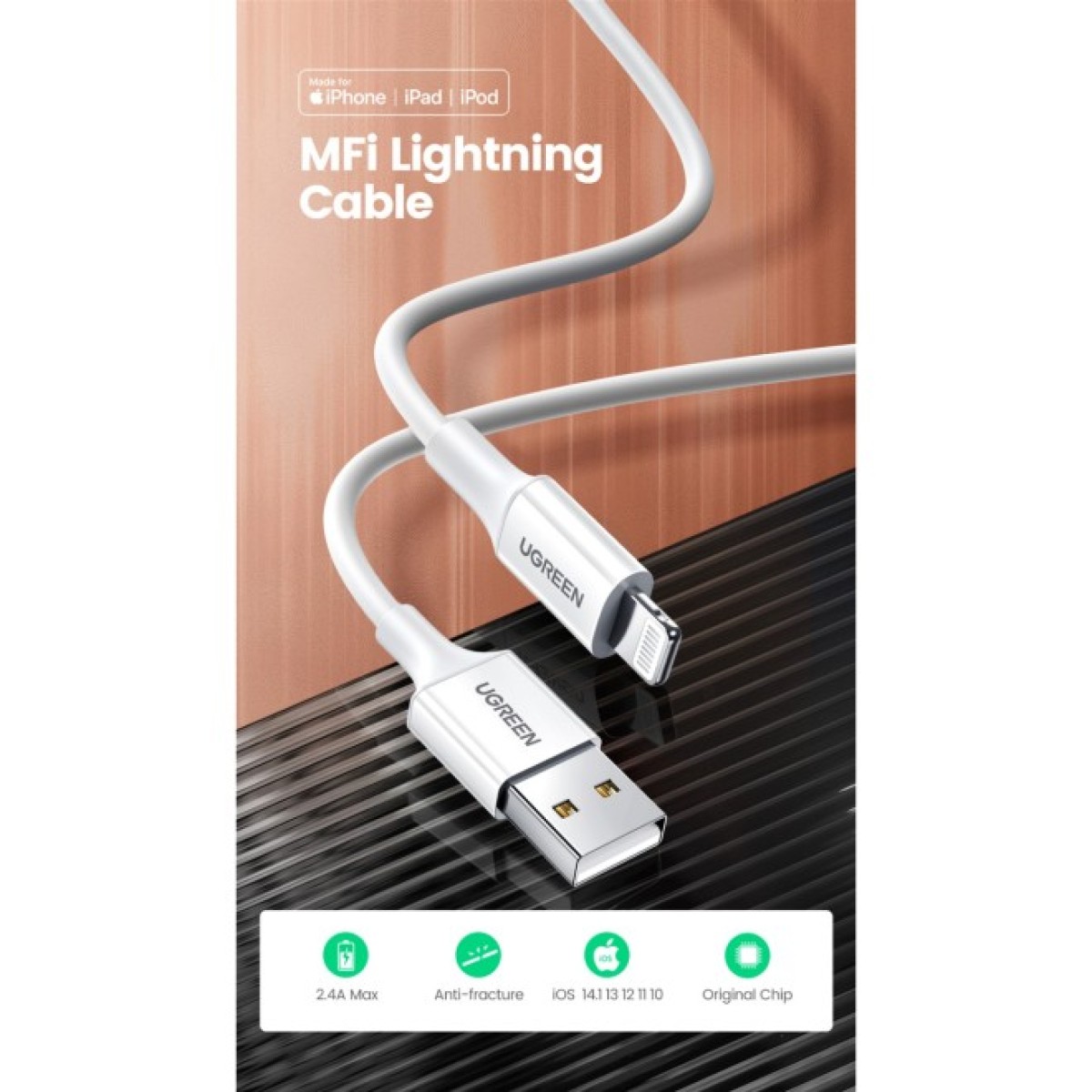 Дата кабель USB 2.0 AM to Lightning 2.0m US155 2.4A, Nickel Plating ABS Shell White Ugreen (20730) 98_98.jpg - фото 2