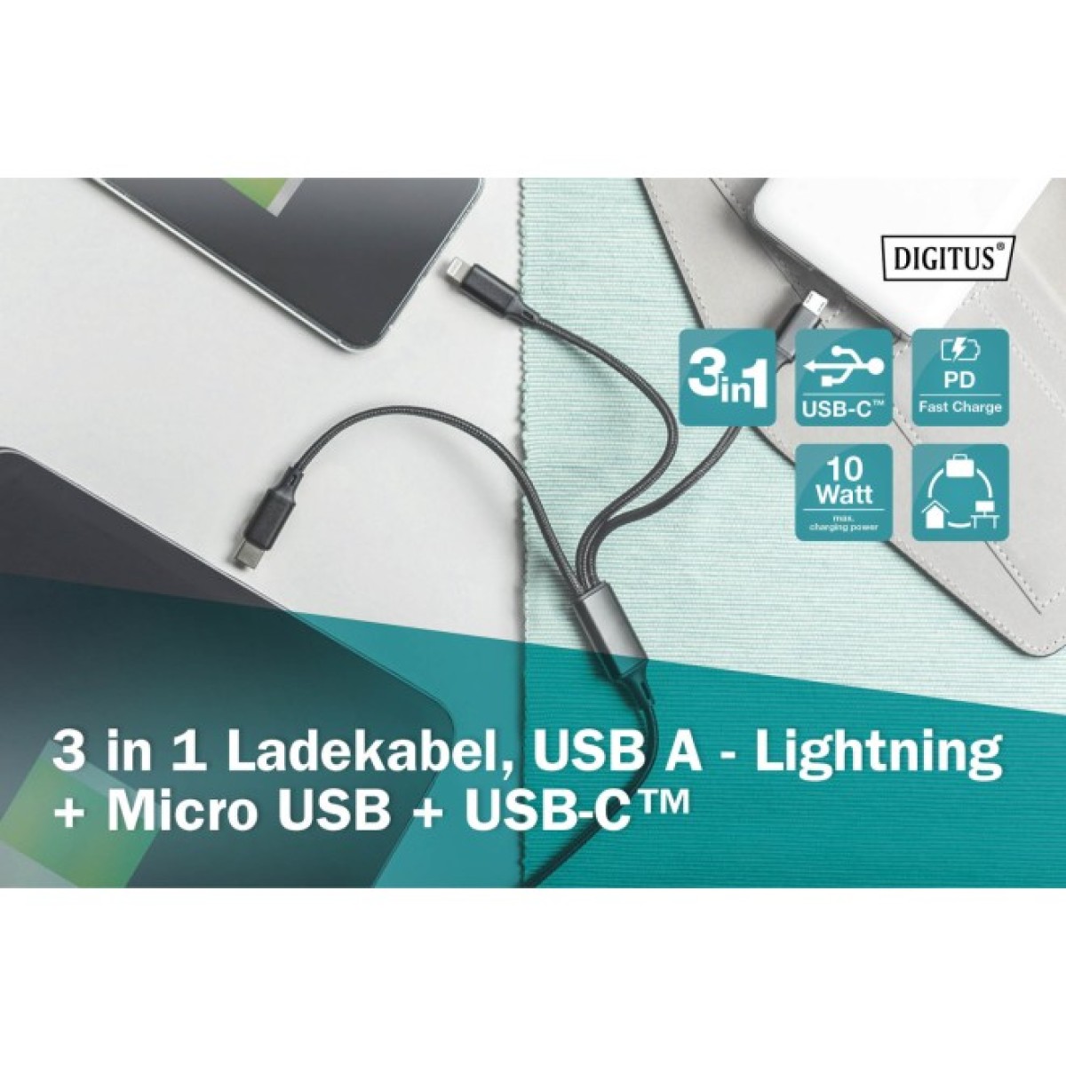 Дата кабель USB 2.0 AM to Lightning + Micro 5P + Type-C 1.0m charge only Digitus (AK-300160-010-S) 98_98.jpg - фото 2