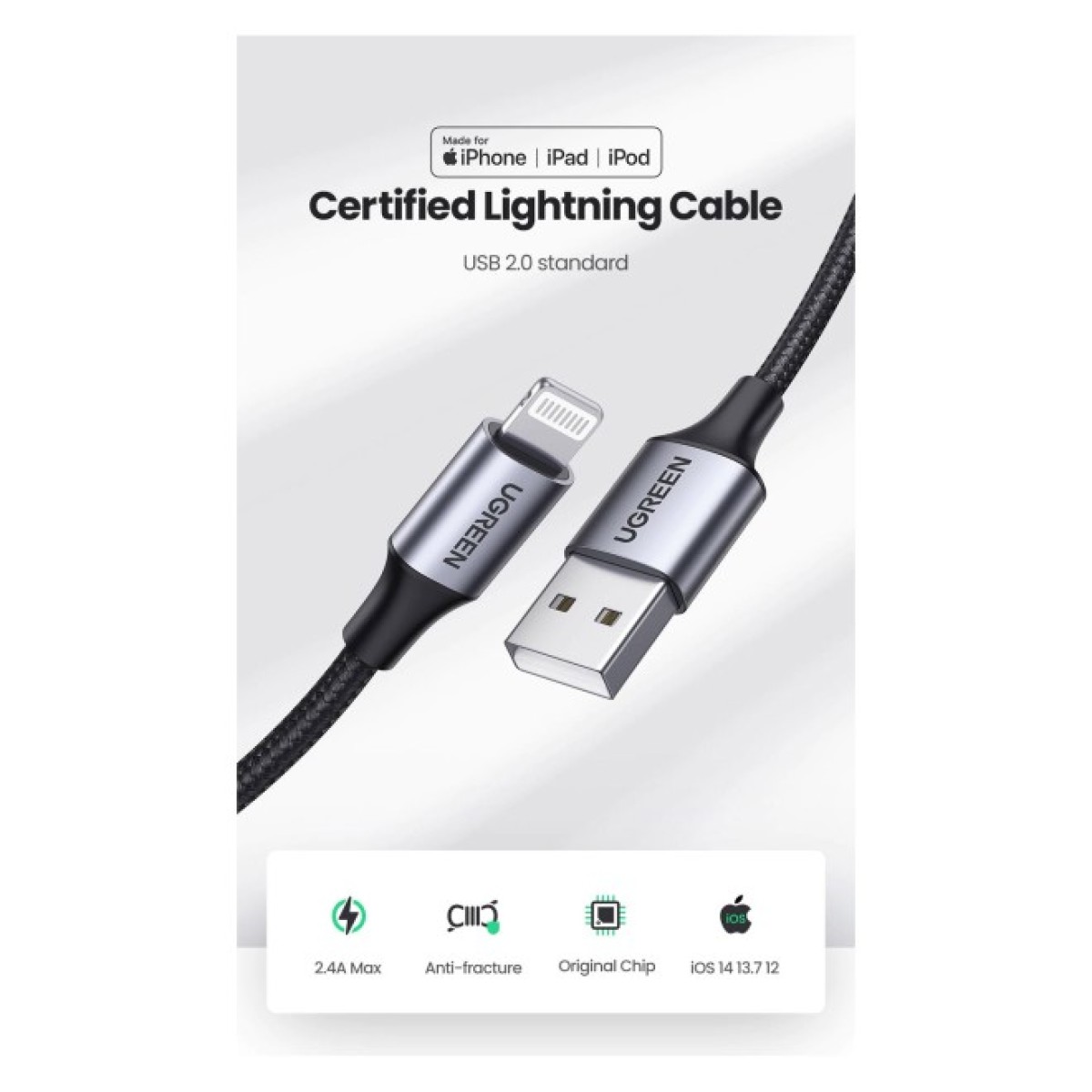 Дата кабель USB 2.0 AM to Lightning 2.0m US199 2.4A Black Ugreen (60158) 98_98.jpg - фото 4