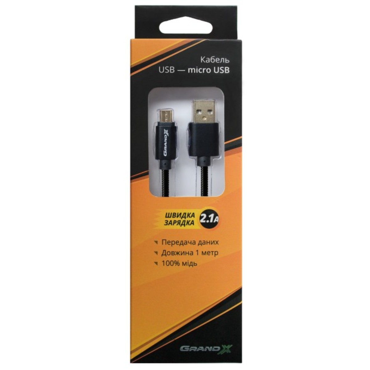 Дата кабель USB 2.0 AM to Micro 5P 1.0m Cu, 2.1A, Black Grand-X (MM-01B) 98_98.jpg - фото 3