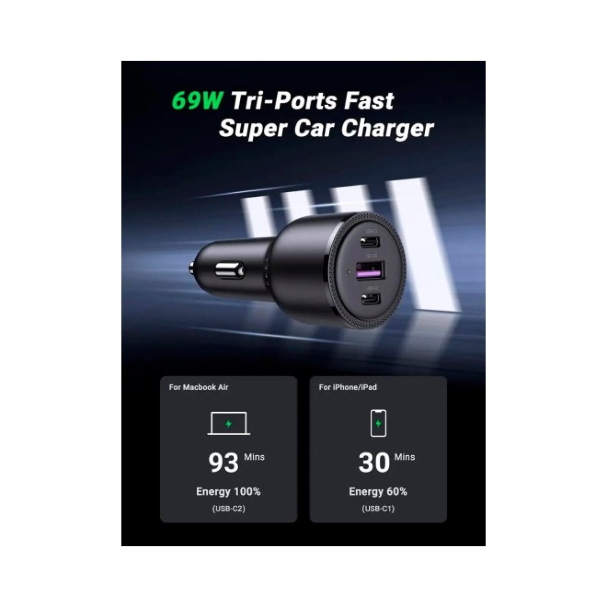 Зарядний пристрій Ugreen 2xUSB-C PD+USB-A QC 69W Fast Car Charger Black (CD239) (20467) 98_98.jpg - фото 4