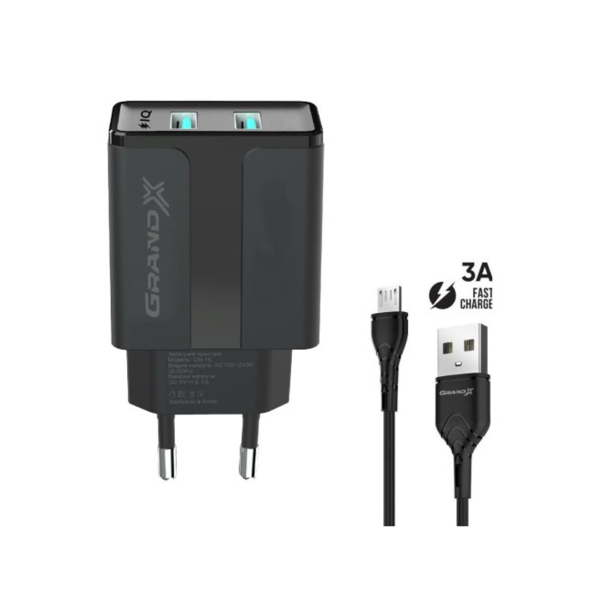 Зарядний пристрій Grand-X CH-15UMB (5V/2,1A + DC cable 2,4А USB -> Micro USB 1m) Black (CH-15UMB) 256_256.jpg