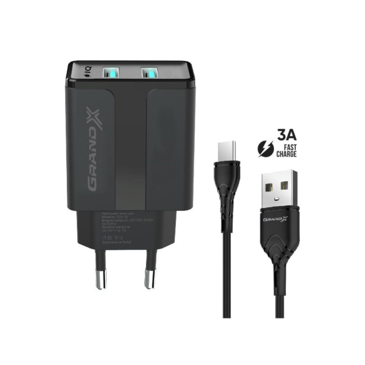 Зарядний пристрій Grand-X CH-15T 5V 2,4A 2USB Black + cable USB -> Type-C (CH-15T) 256_256.jpg