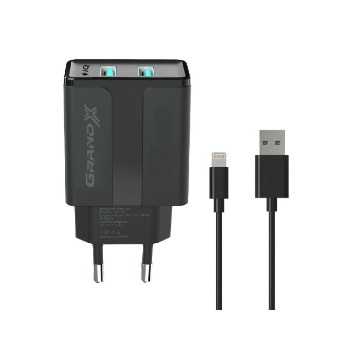 Зарядний пристрій Grand-X 5V 2,1A Black + cable USB-Lightning (CH15LTB) 256_256.jpg