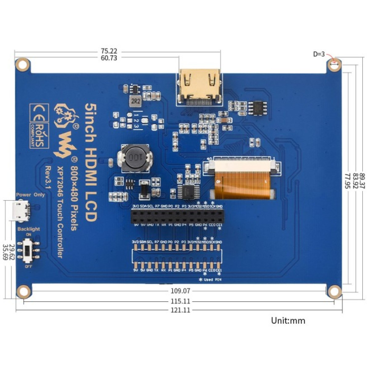 Дисплей сенсорний 5'' для Raspberry Pi 800x480 LCD Resistive Touch Screen, Waveshare (WAV-10563) 98_98.jpg - фото 4