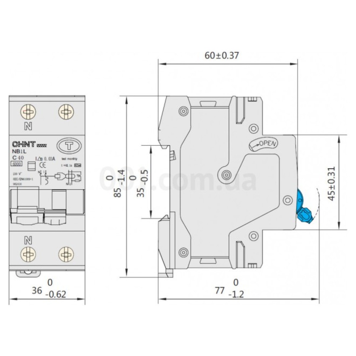 Диференційний автоматичний вимикач NB1L 1P+N (36мм) C25 30мА тип АС 10кА, CHINT 98_98.jpg - фото 3