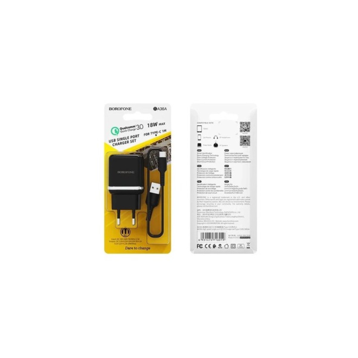 Зарядний пристрій BOROFONE BA36A High speed single port QC3.0 charger set(Type-C) Black (BA36ACB) 98_98.jpg - фото 3