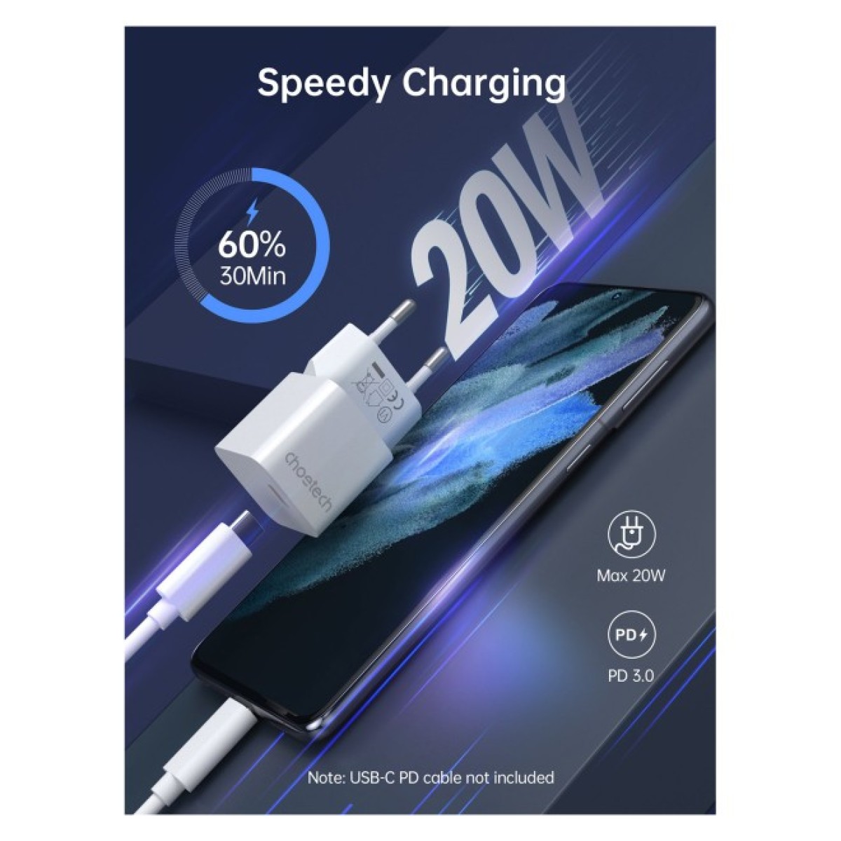 Зарядний пристрій Choetech GaN USB-C 20W QC3.0/PD/PPS (PD5010-EU-WH) 98_98.jpg - фото 4