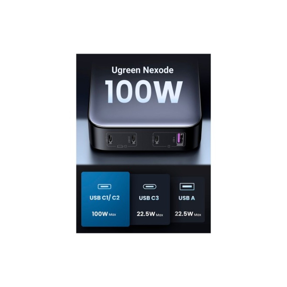 Зарядний пристрій Ugreen 4xUSB 100W (3xType-C+USB A QC3) GAN Charger Nexode Series Black CD328 (90928) 98_98.jpg - фото 3