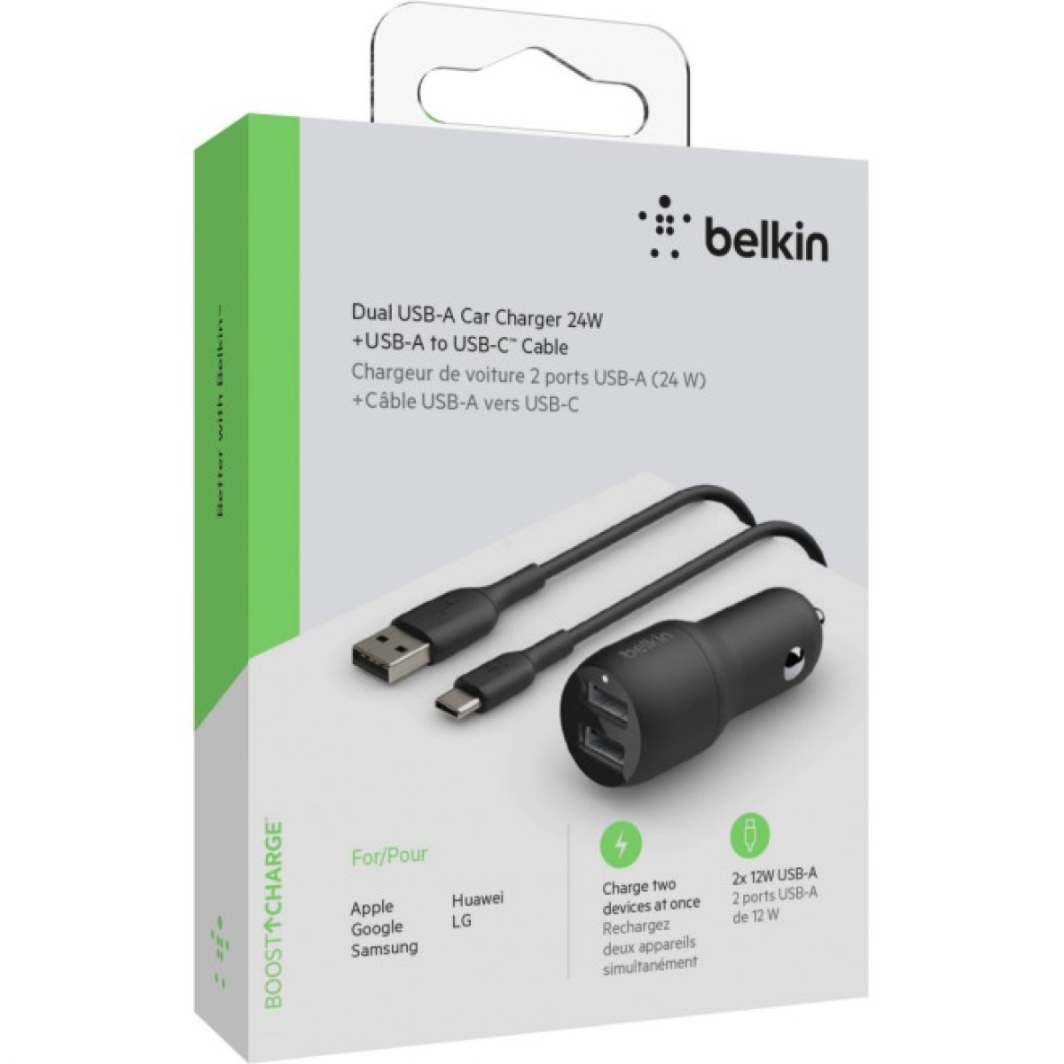 Зарядное устройство Belkin Car Charger (24W) Dual USB-A, USB-A - USB-C, 1m, black (CCE001BT1MBK) 98_98.jpg - фото 2