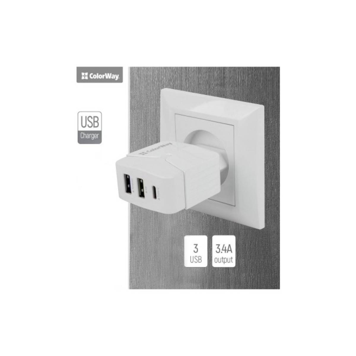 Зарядний пристрій ColorWay 2USB + Type-C 3.4A white (CW-CHS005-WT) 98_98.jpg - фото 6