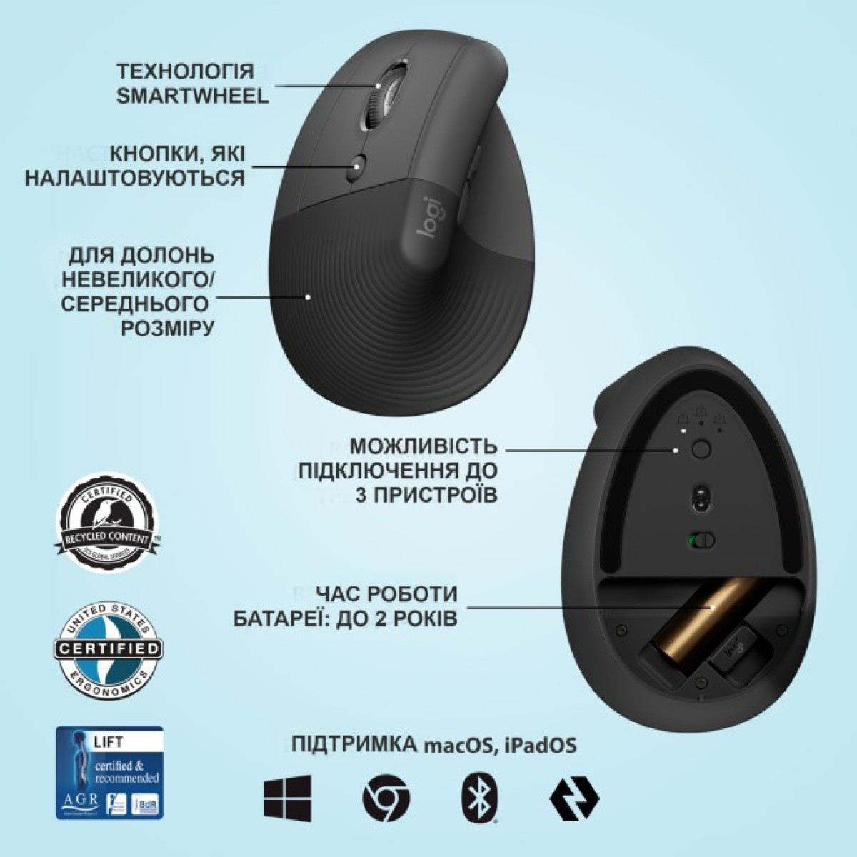 Мышка Logitech Lift Left Vertical Ergonomic Wireless/Bluetooth Graphite (910-006474) 98_98.jpg - фото 7