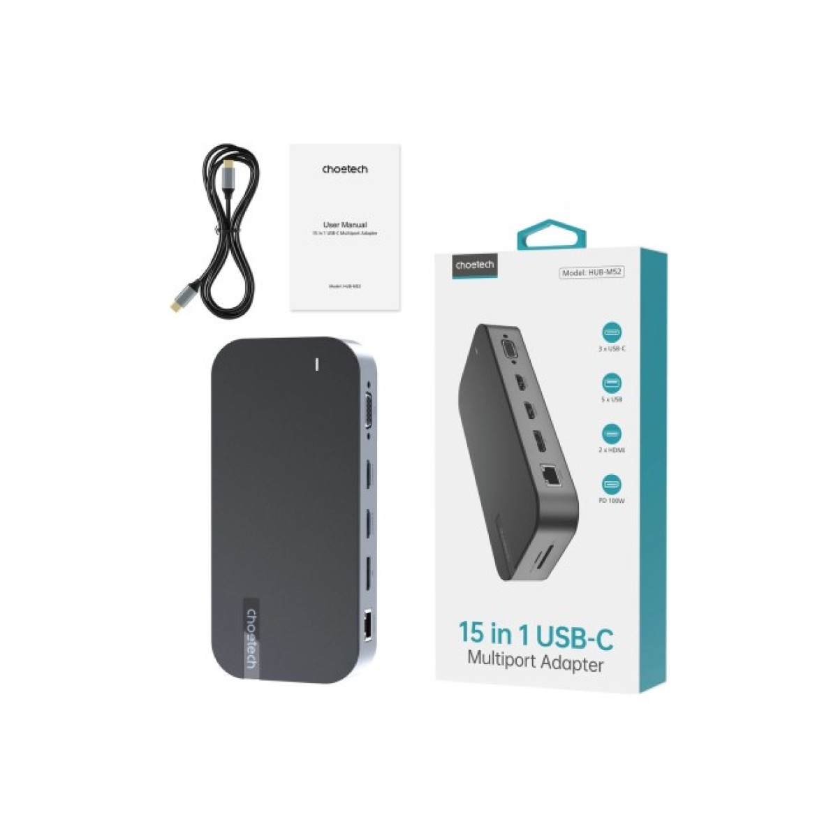 Концентратор Choetech USB-C 15-in-1 HDMI/PD/CR/LAN/USB-A/USB-C/AUX/VGA/DP (HUB-M52-GY) 98_98.jpg - фото 2