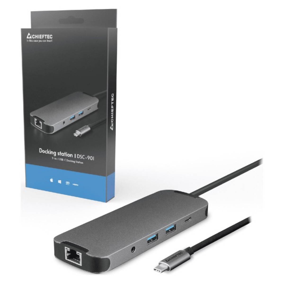 Концентратор Chieftec USB3.2 Type-C to HDMI/USB 3.2x2/RJ45/USB-C/SD/TF/PD 80W/Audio 9-in-1 DSC-901 (DSC-901) 98_98.jpg - фото 5