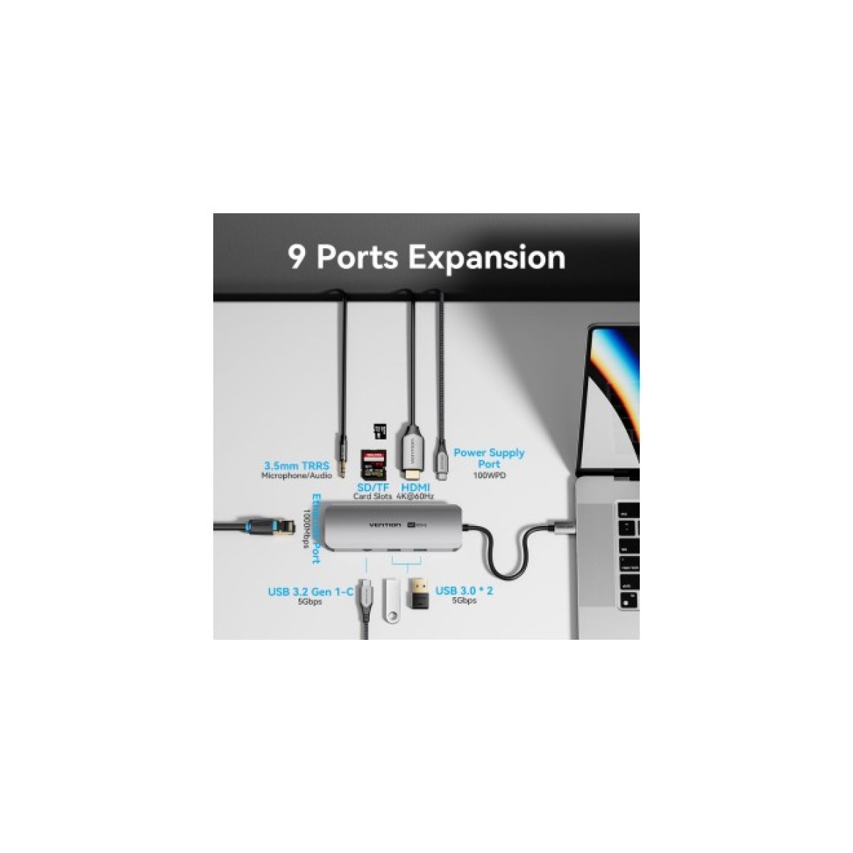 Концентратор Vention USB 3.1 Type-C to HDMI 4K60Hz/USB 3.0x2/RJ45/SD/TF/3.5mm/PD 100W Hub 9-in-1 (TQMHB) 98_98.jpg - фото 7