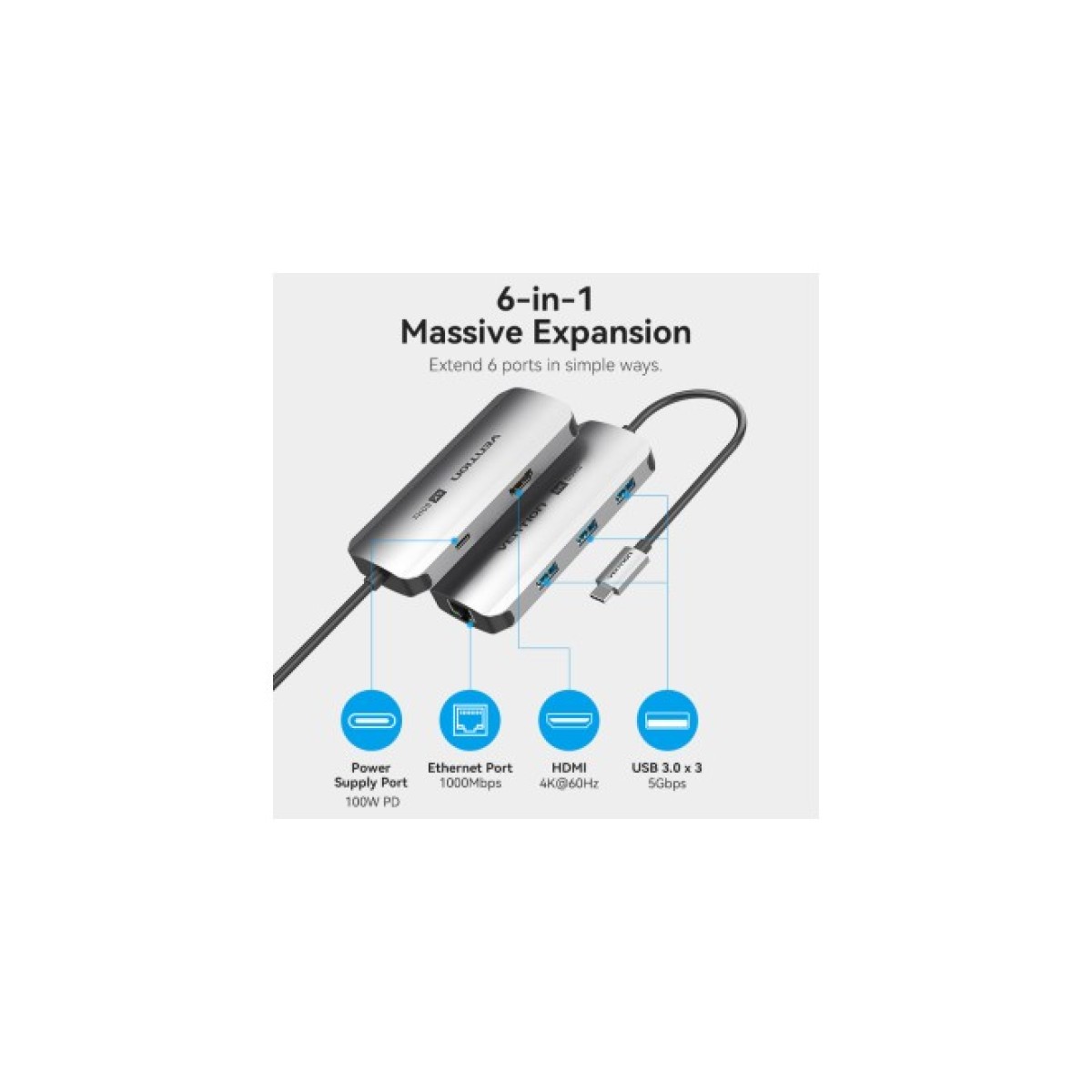 Концентратор Vention USB 3.1 Type-C to HDMI 4K60Hz/USB 3.0x3/RJ45/PD 100W 6-in-1 (TQHHB) 98_98.jpg - фото 9