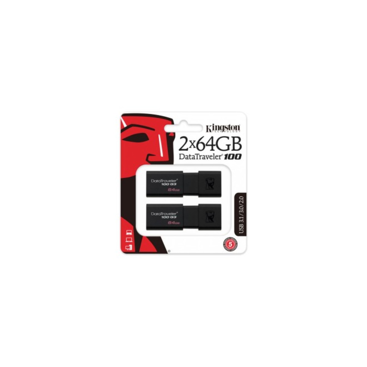 USB флеш накопичувач Kingston 2x64GB DataTraveler 100 G3 USB 3.0 (DT100G3/64GB-2P) 98_98.jpg - фото 7