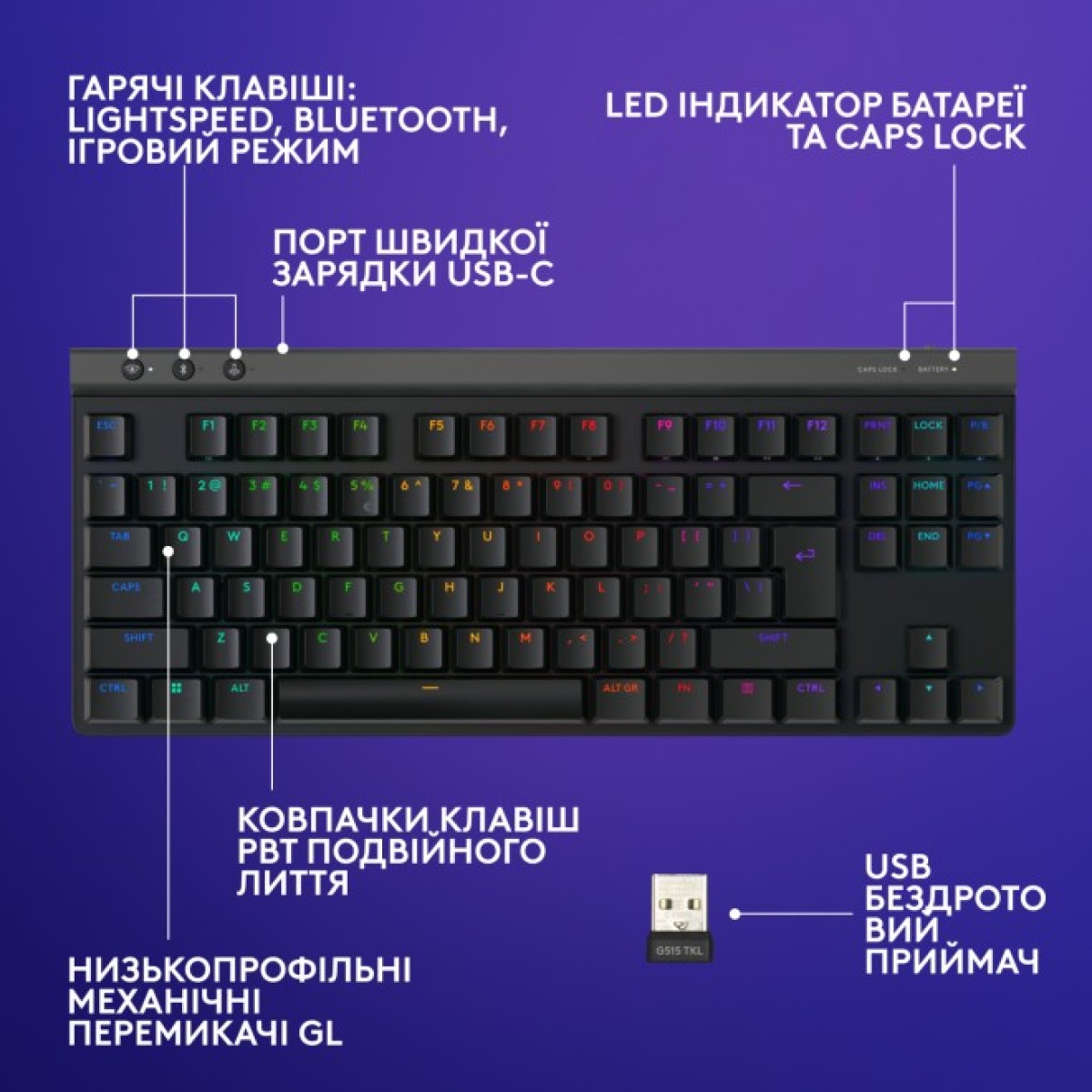 Клавіатура Logitech G515 TKL Lightspeed Tactile Bluetooth UA Black (920-012538) 98_98.jpg - фото 5