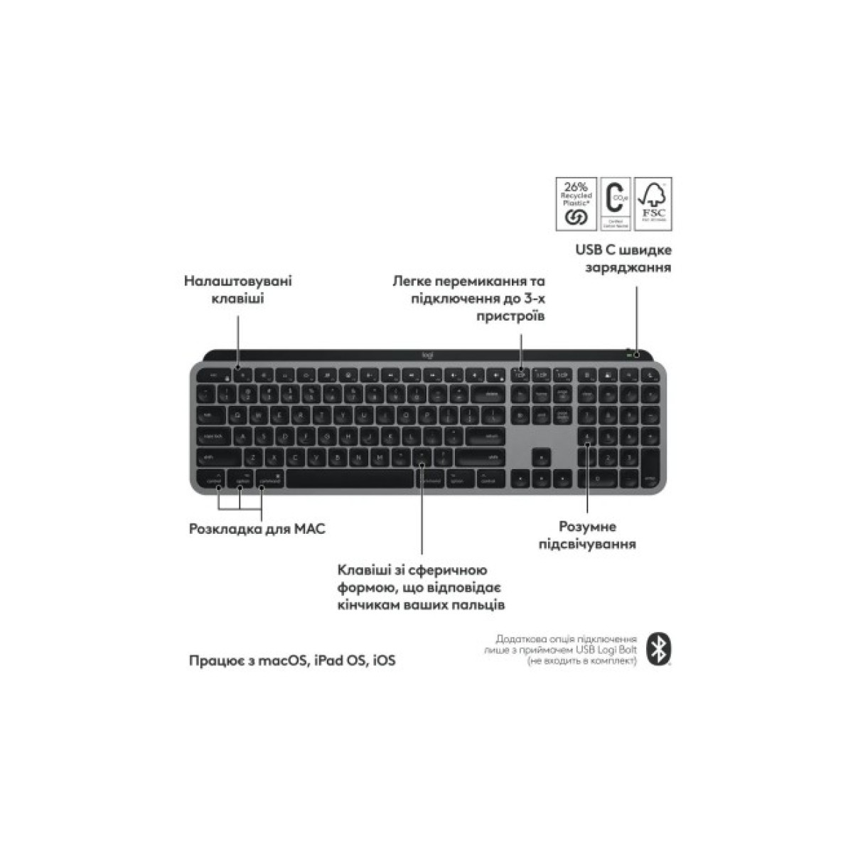 Клавиатура Logitech MX Keys S для MAC Bluetooth/Wireless UA Space Grey (920-011637) 98_98.jpg - фото 11