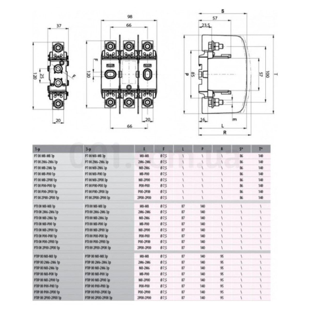 Тримач плавкого запобіжника PT 00 3P 160A (M8-2M6), ETI 98_98.jpg - фото 2