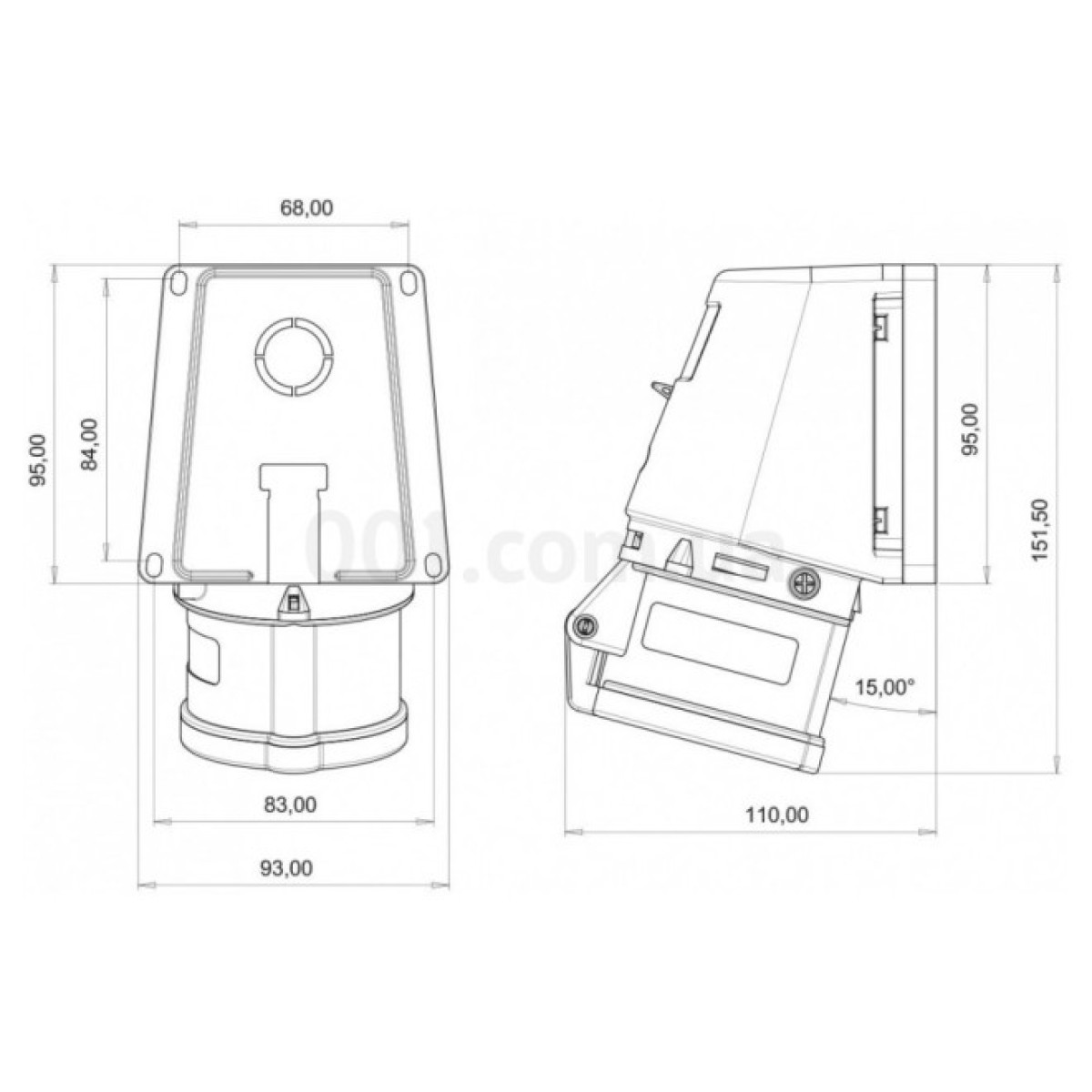 Розетка силова стаціонарна кутова 2P+PE 32А 220В IP44, Bemis 98_98.jpg - фото 2