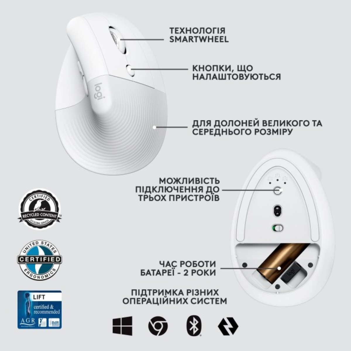 Мышка Logitech Lift Vertical Ergonomic Wireless/Bluetooth for Business Off-white (910-006496) 98_98.jpg - фото 2