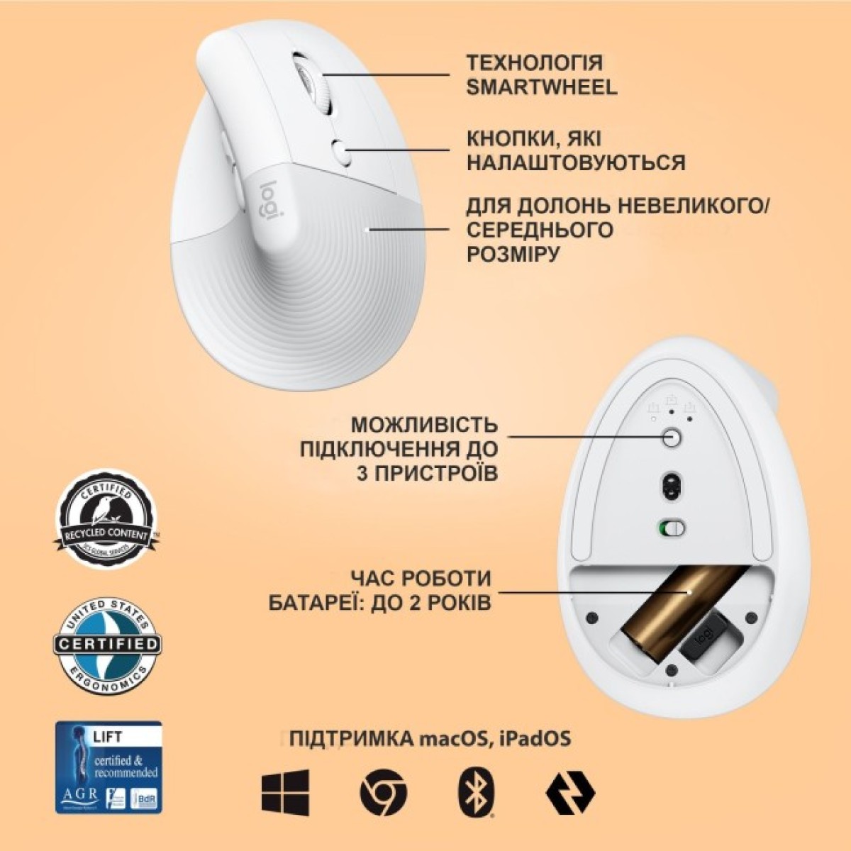 Мишка Logitech Lift Vertical Ergonomic Wireless/Bluetooth White (910-006475) 98_98.jpg - фото 4