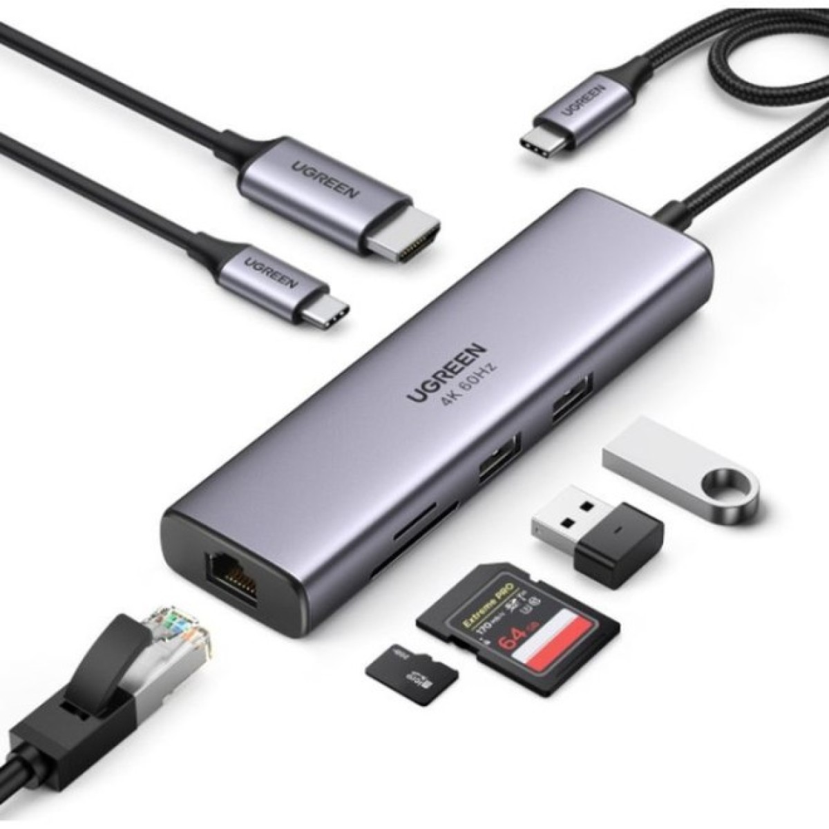Концентратор Ugreen USB3.1 Type-C to HDMI/USB 3.0x2/RJ45/SD/TF/PD 100W CM512 (60515) 98_98.jpg - фото 2