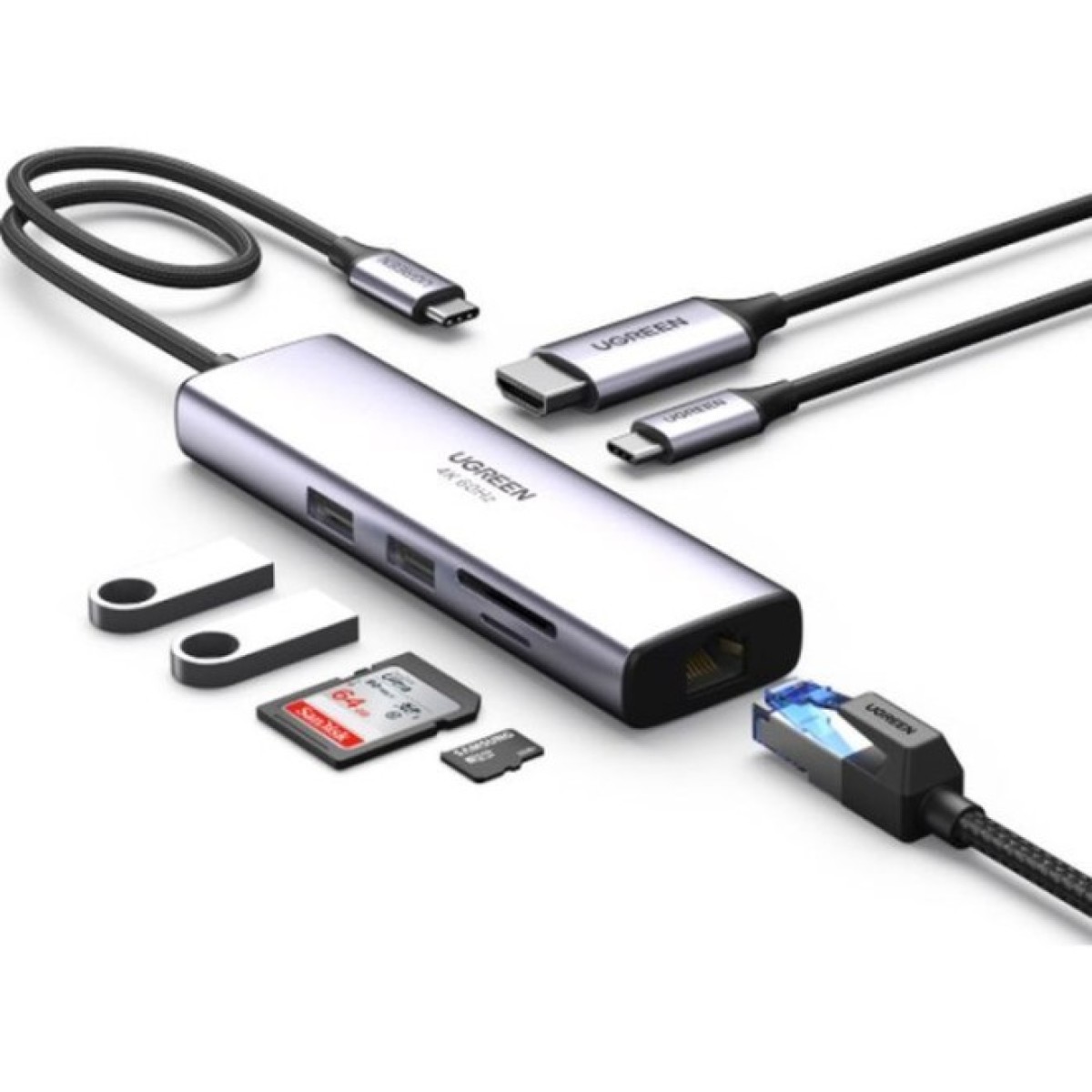 Концентратор Ugreen USB3.1 Type-C to HDMI/USB 3.0x2/RJ45/SD/TF/PD 100W CM512 (60515) 98_98.jpg - фото 3