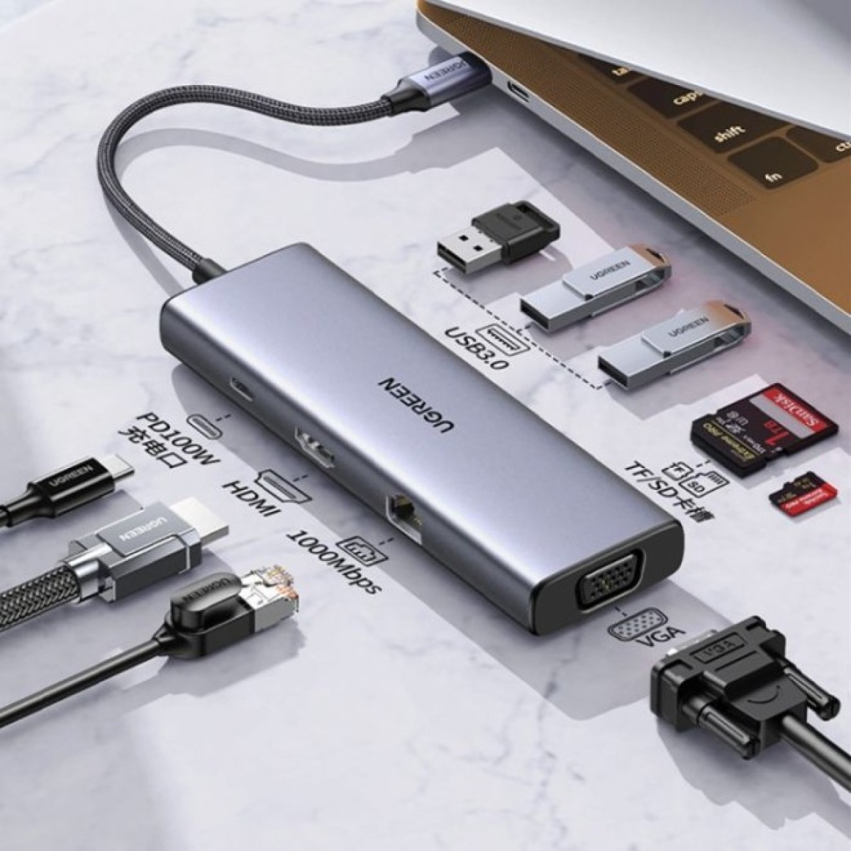 Концентратор Ugreen USB3.1 Type-C to HDMI60Hz/VGA/USB 3.0х3/RJ45/SD/TF/PD 100W 9-in-1 CM498 (15600) 98_98.jpg - фото 3