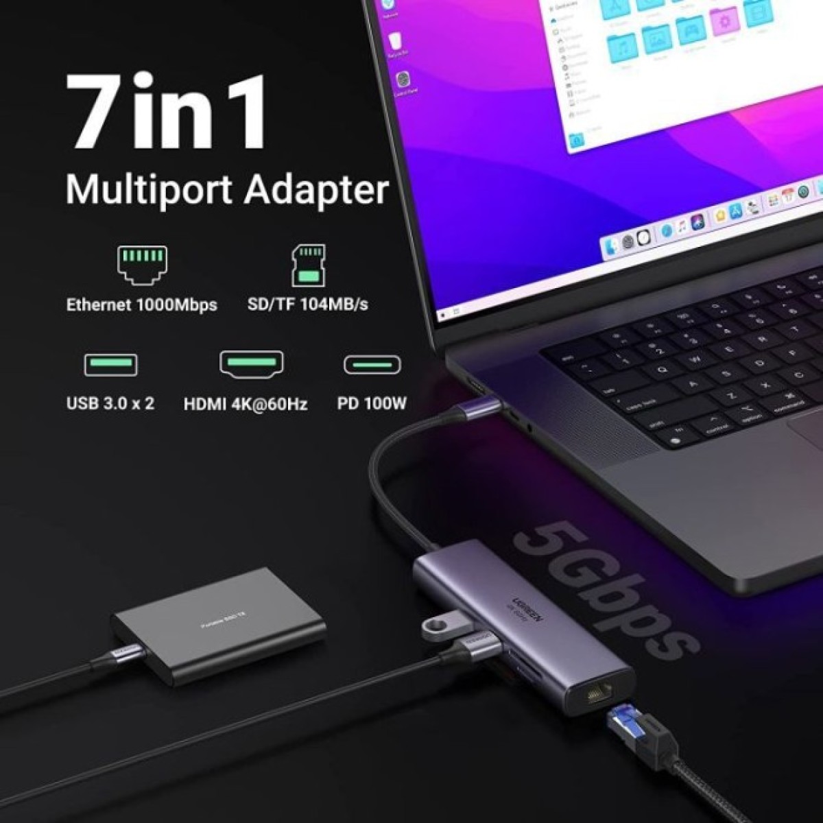 Концентратор Ugreen USB3.1 Type-C to HDMI/USB 3.0x2/RJ45/SD/TF/PD 100W CM512 (60515) 98_98.jpg - фото 10