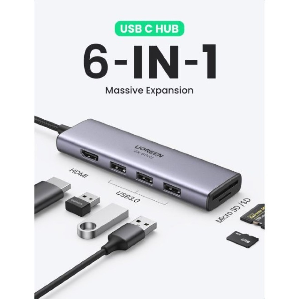 Концентратор Ugreen USB3.1 Type-C to HDMI 4K60Hz/USB 3.0х2/SD/TF/PD 100W 5-in-1 CM511 (60383) 98_98.jpg - фото 5
