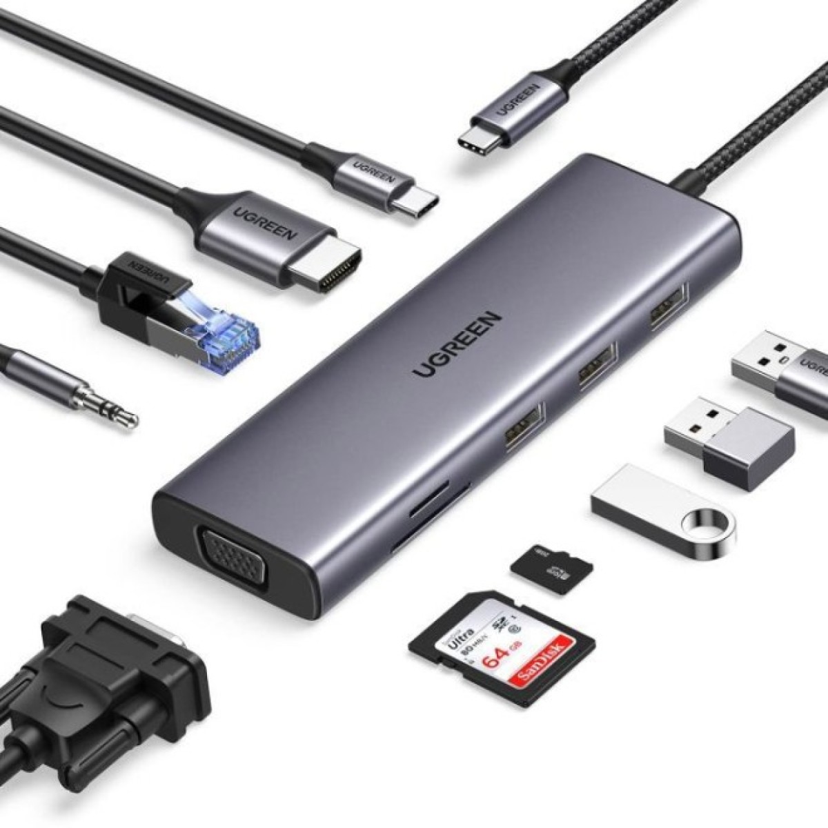 Концентратор Ugreen USB3.1 Type-C to HDMI/VGA/USB 3.0х3/RJ45/SD/TF/PD/35мм TRRS 100W 10-in-1 (15601) 98_98.jpg - фото 8
