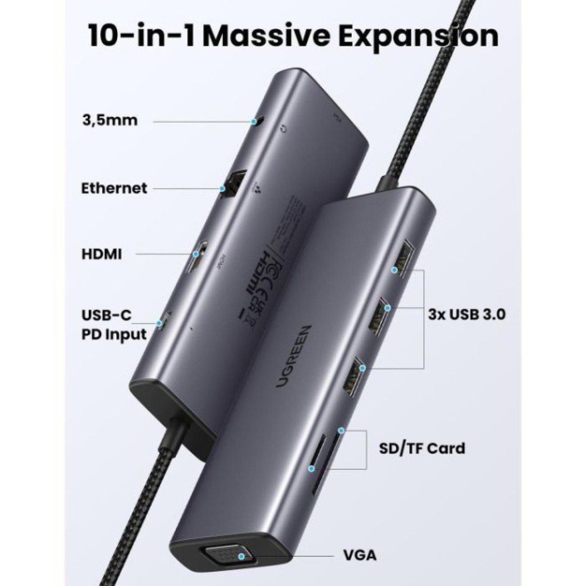 Концентратор Ugreen USB3.1 Type-C to HDMI/VGA/USB 3.0х3/RJ45/SD/TF/PD/35мм TRRS 100W 10-in-1 (15601) 98_98.jpg - фото 9