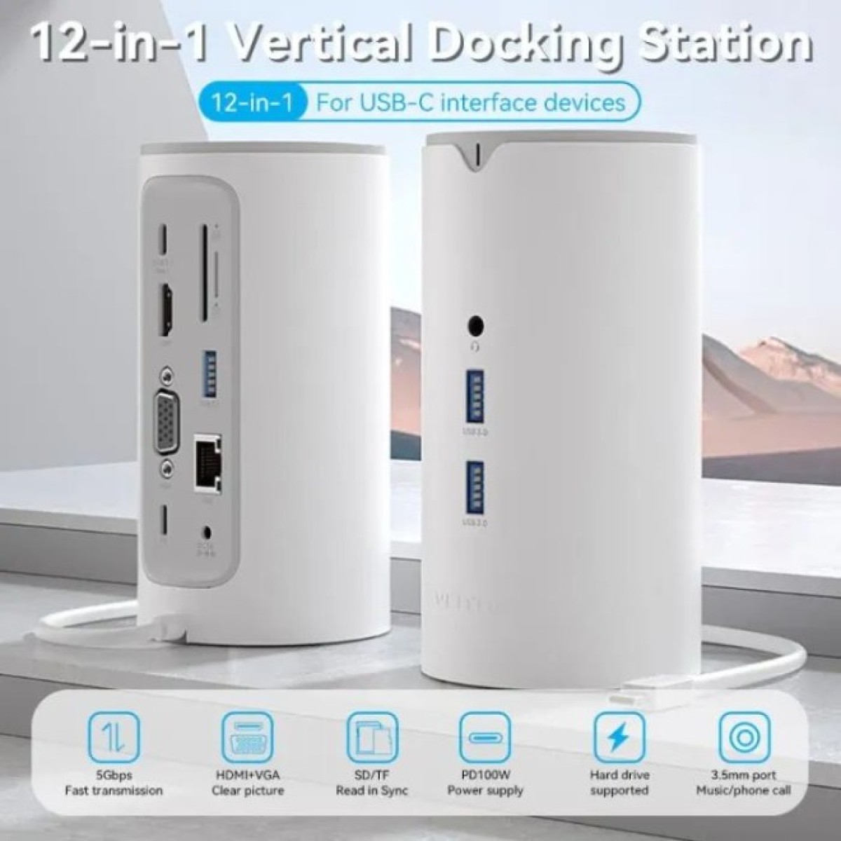 Концентратор Vention USB3.1 Type-C to HDMI/VGA/USB3.0x3/RJ45/SD/TF/TRRS 3.5m/PD/DC100W12-in-1 (TPHWC-EU) 98_98.jpg - фото 12