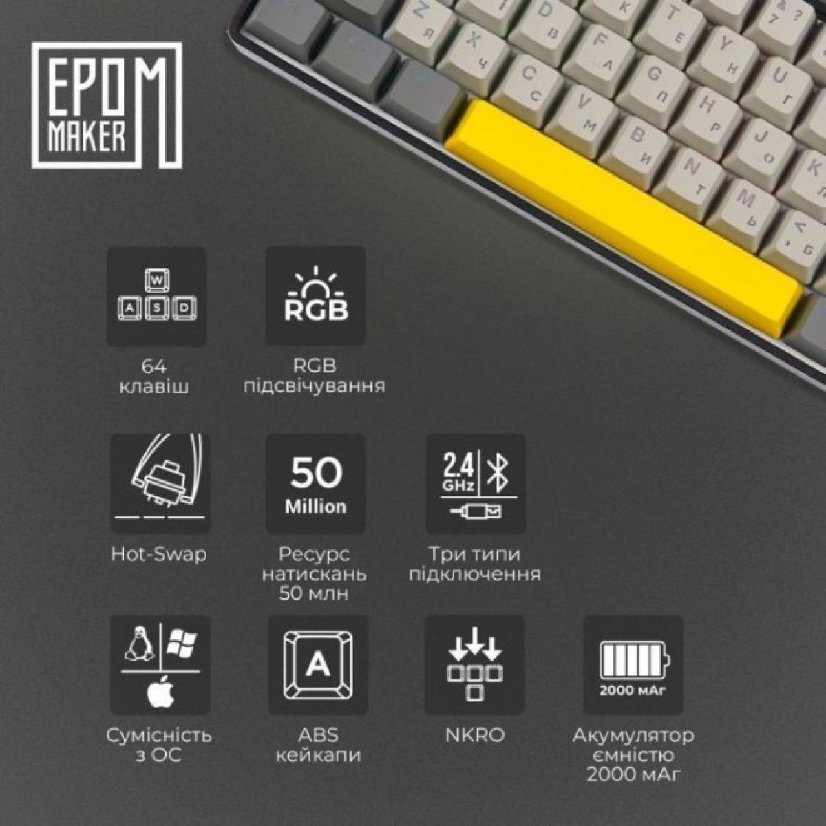 Клавиатура Epomaker EP64 60 Mulan Switch Hot-Swap RGB Wireless/Bluetooth/USB UA Black (EP64-B-M) 98_98.jpg - фото 7