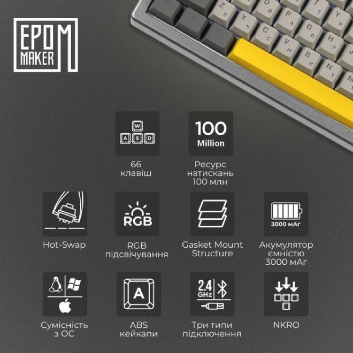 Клавиатура Epomaker EK68 65 Budgerigar V2 Switch Hot-Swap RGB Wireless/Bluetooth/USB UA Black (EK68-B-BV2) 98_98.jpg - фото 2