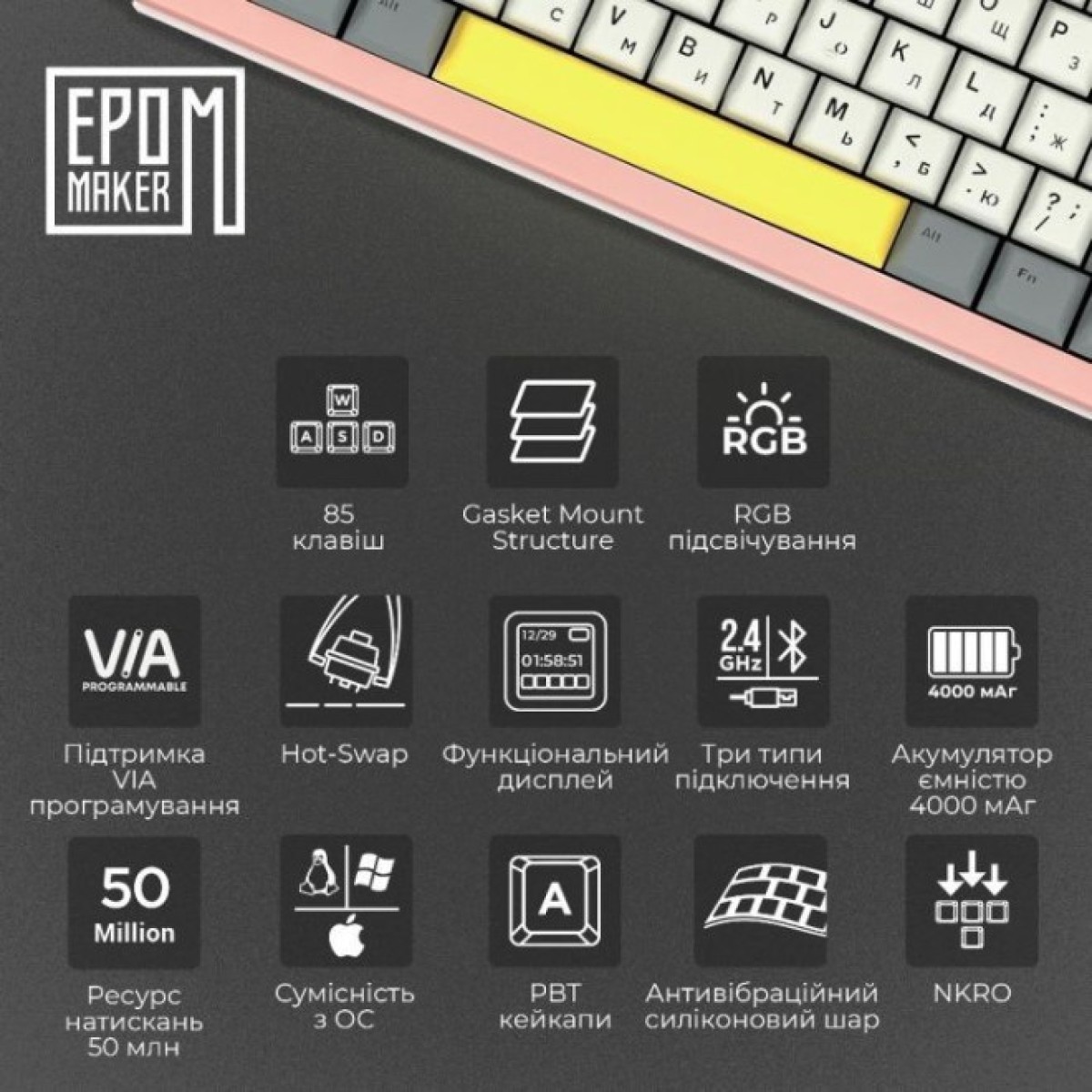 Клавиатура Epomaker Shadow-S TKL Mulan Switch Hot-Swap LCD Screen RGB Wireless/Bluetooth/USB UA Pink (SHS-P-WL) 98_98.jpg - фото 5